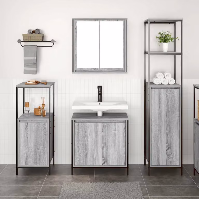 Set di mobili per il bagno moderno vidaXL in 3 pezzi Grigio e Nero con vanità, specchio e scaffali interni