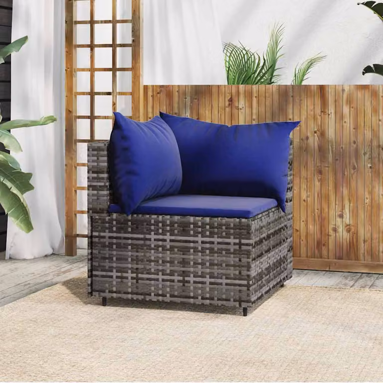 vidaXL Divano Angolare da Giardino Moderno in Polyrattan Grigio con Cuscini Blu