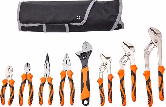 Set di pinze, 8 pezzi, Acciaio al carbonio: pinza a morsetto da 30 cm, pinza a morsetto da 25 cm, pinza a morsetto da 20 cm, barra filettata da 20 cm, pinza per alta pressione dell'acqua da 15 cm, pinza per candele da 15 cm, pinza a becco obliquo