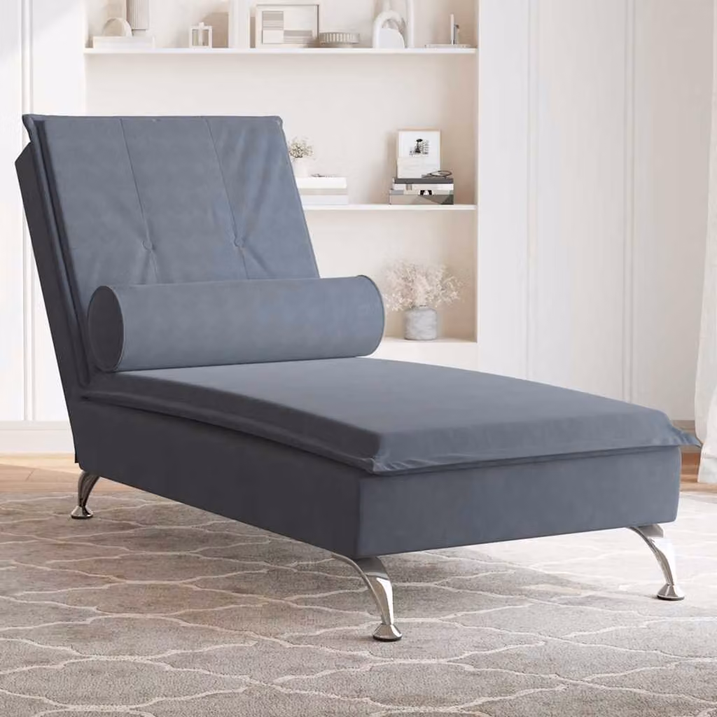 vidaXL Chaise Longue con Massaggio e Poggiatesta in Velluto Grigio Scuro con Ricarica USB e Cuscini Inclusi L: 136,5 cm, P: 75,0 cm, H: 56,0 cm