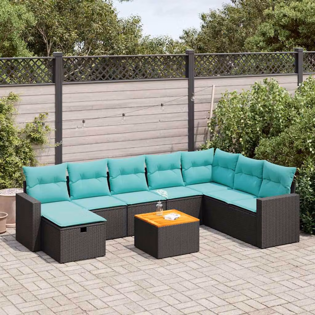 Set di divani da giardino vidaXL 9 pz a forma di U in polyrattan con cuscini e tavolino da esterno nero