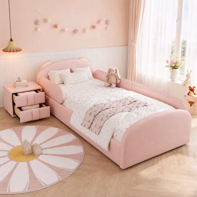 Letto singolo imbottito per bambini con testiera a orsetto; 90x200 cm; PU rosa