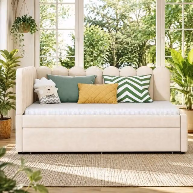 Divano letto a L MIVRAY con letto estraibile, rivestito in velluto beige e schienale a petalo, dimensioni 140 x 200 cm