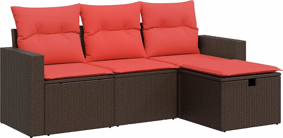 Set Divano da Giardino 4 pz con Cuscini Marrone in Polyrattan