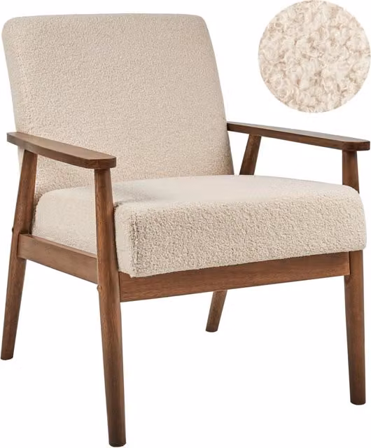 Poltrona da salotto con rivestimento in tessuto boucle beige con struttura in legno stile retrò
