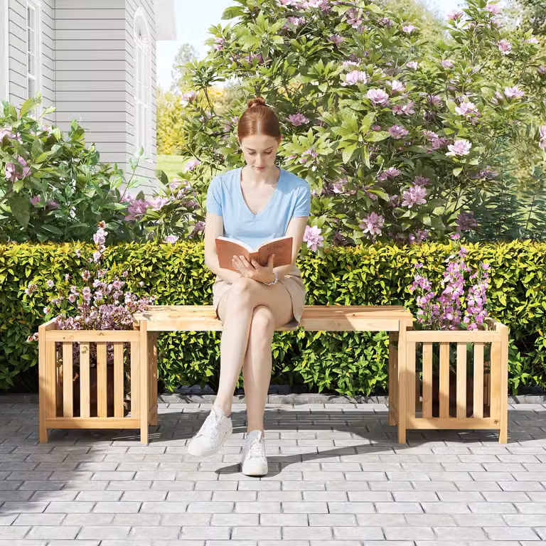 Panca da giardino Costway in legno naturale con fioriere laterali per 2 persone, colore marrone