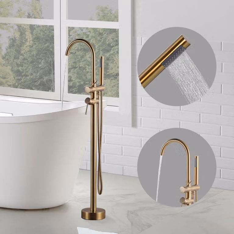 Miscelatore da bagno a pavimento, girevole a 360°, color oro, con doccetta