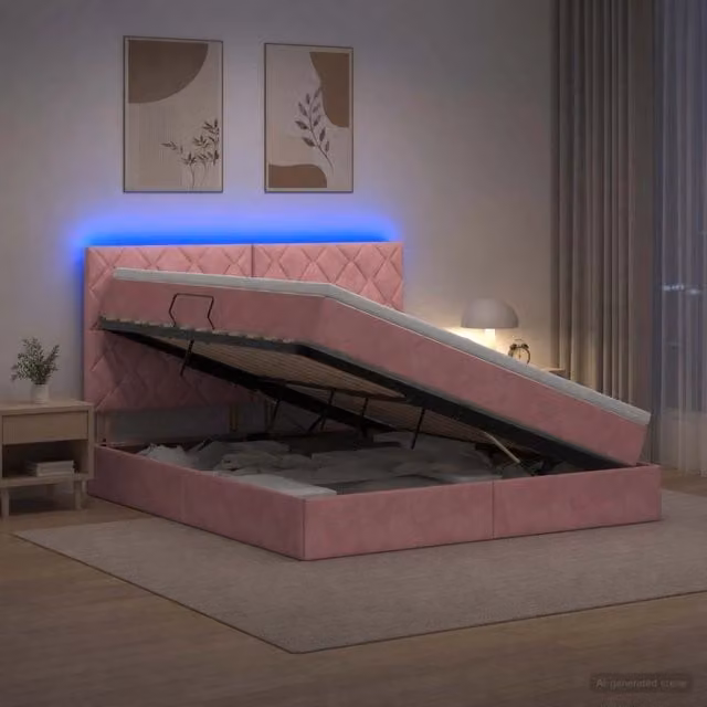 Letto con contenitore e illuminazione LED vidaXL in velluto rosa, L/P/H: 180 x 200 x 140 cm – 1