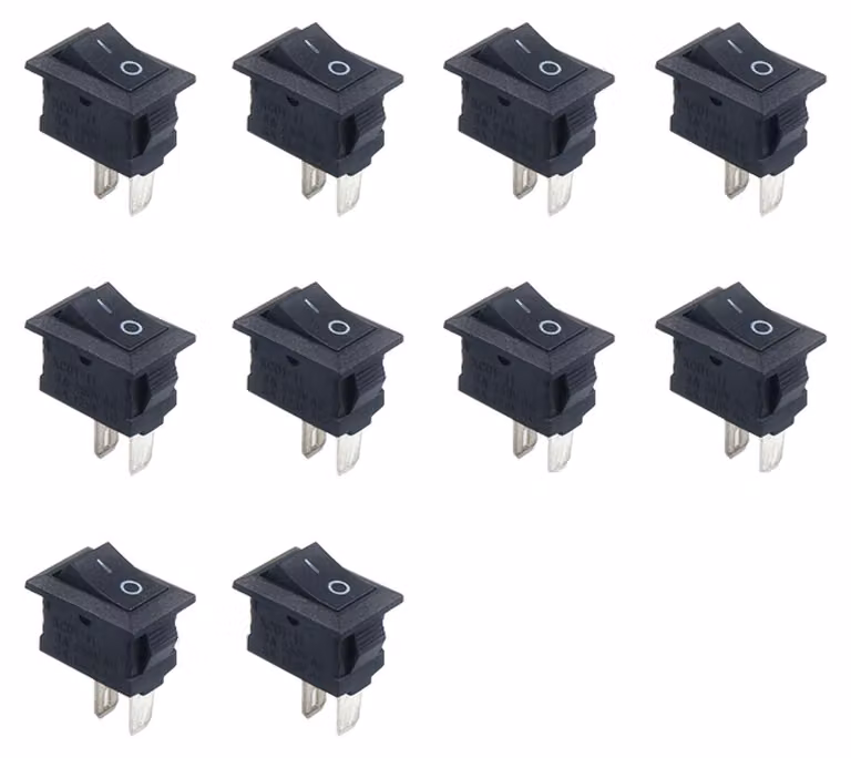 Mini interruttori a levetta, confezione da 10, dimensioni 10x15 mm, 2 poli, con funzione on/off