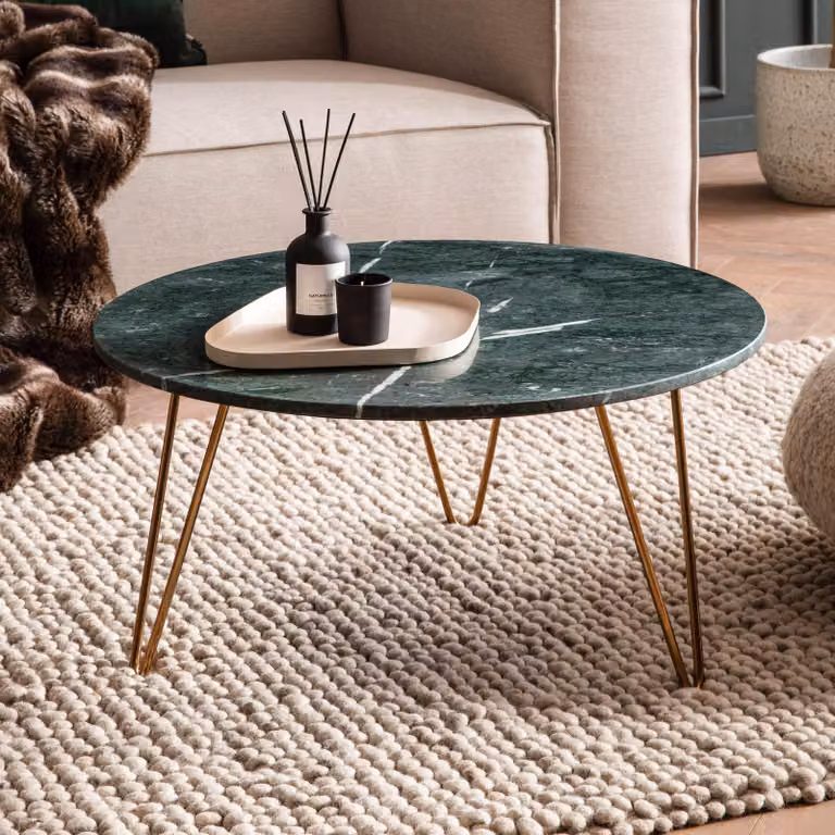 FineBuy Tavolino da caffè in vero marmo verde 70x70x35 cm Tavolo da divano Treppiede in metallo oro Tavolo da soggiorno Tavolo rotondo moderno in marmo Tavolo da salotto Tavolo da caffè grande