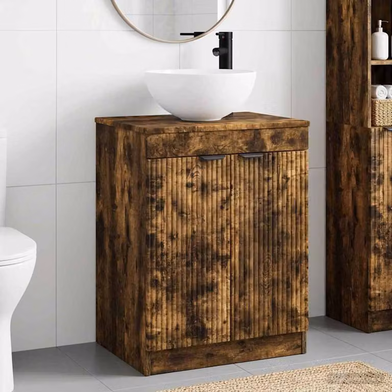 Set di mobili per il bagno moderno vidaXL in legno MDF color rovere fumo con base freestanding e ante a cerniera L/P/H: 70 x 41 x 54 cm