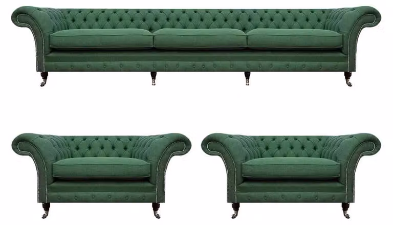 Wohnzimmer Chesterfield Garnitur Grüner 3-Sitzer 2x Sessel 3tlg Edel Set