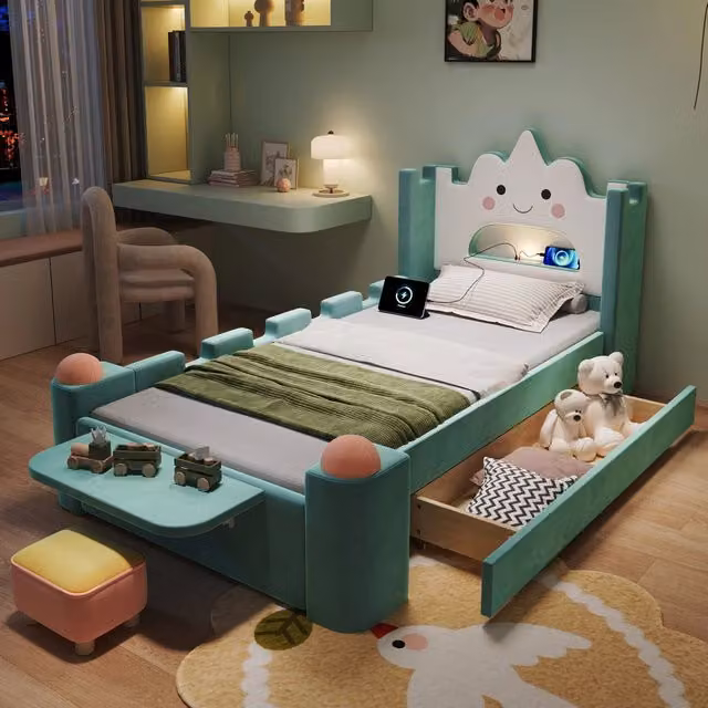 Letto Mivray con cassetti e protezioni laterali imbottite in velluto petrolio, dotato di lampada LED e porta USB, L/P/H: 90 x 200 x 106 cm