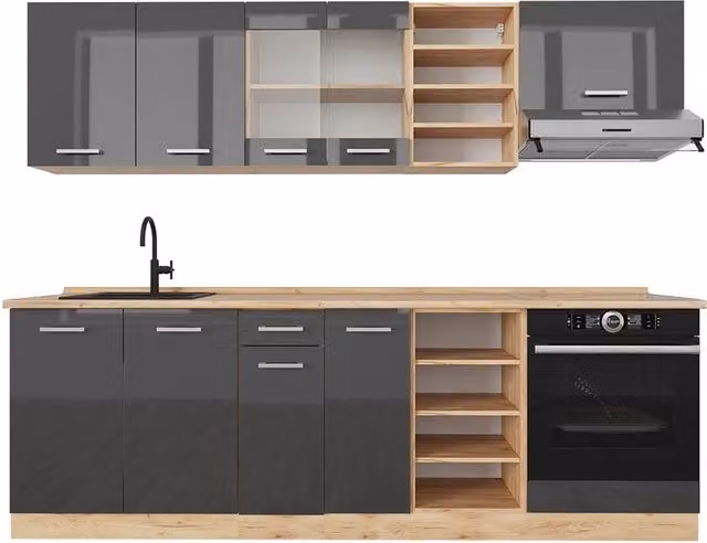 Cucina componibile moderna R-Line Vicco in antracite lucido e rovere, L: 240 cm