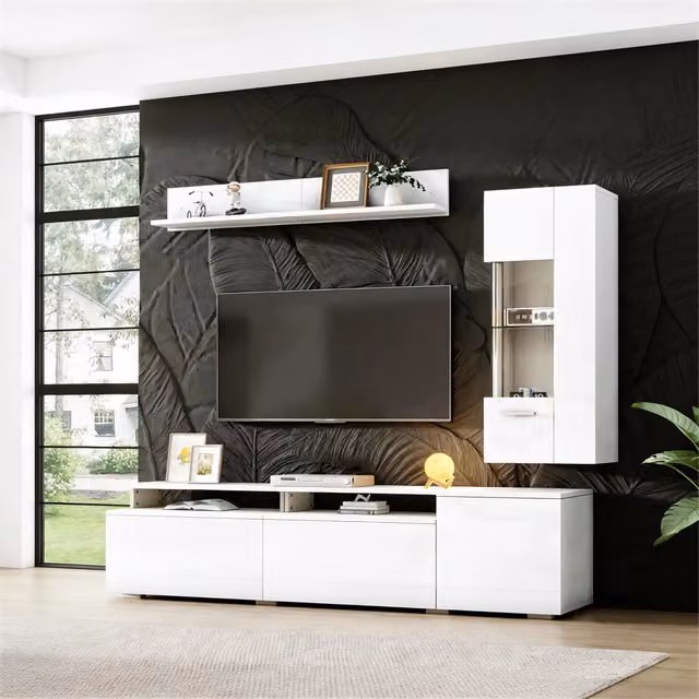 Set TV 3 pezzi con illuminazione LED - Zephmum - Bianco, lucido, per TV fino a 80 pollici