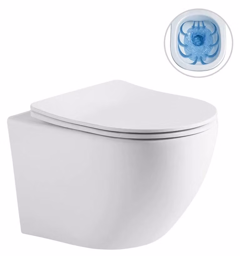 WC sospeso, modello Cesso, senza brida + sedile sottile/in Vetroceramica, colore bianco opaco, dimensioni 49x36 cm