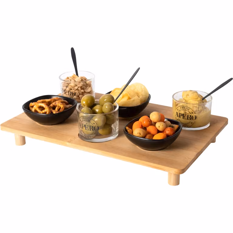 GUSTO CASA Antipastiera con vassoio in bamboo, bicchieri, coppette e cucchiaini, marrone e trasparente