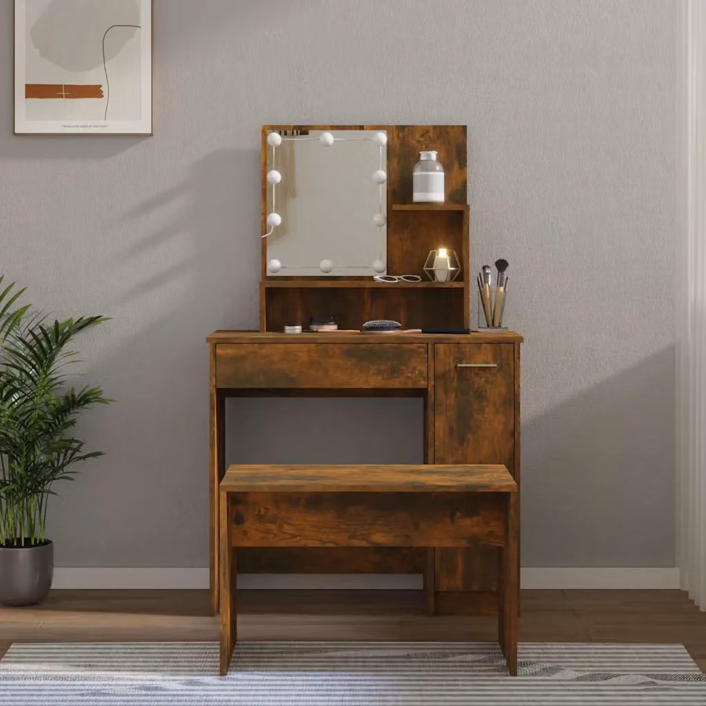 Set Tavolo da Toeletta con LED vidaXL in Legno Rovere Fumo, L: 136 cm, P: 35 cm, H: 86,5 cm
