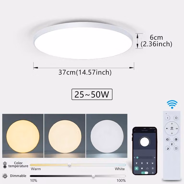 Lampada da soffitto, dimmerabile, con telecomando, calotta bianca