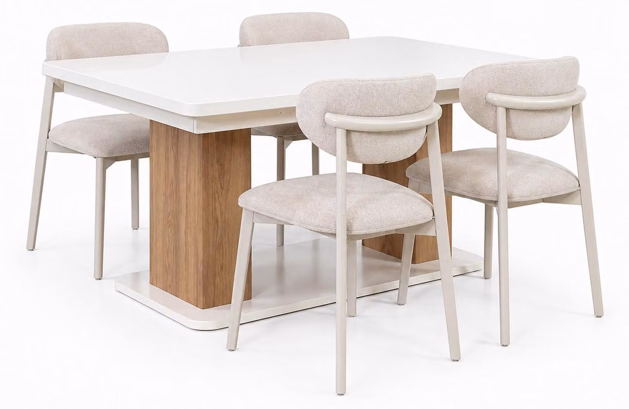 Set moderno per sala da pranzo: tavolo da pranzo esclusivo, sedie imbottite di design