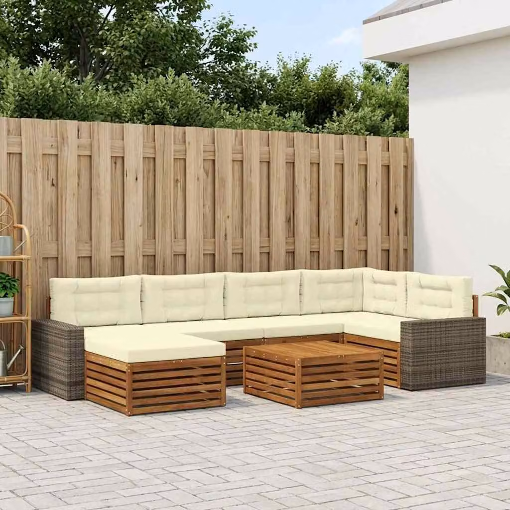 Set di divani da esterno vidaXL 7 pz in legno di acacia con pouf e tavolino, colore beige e marrone