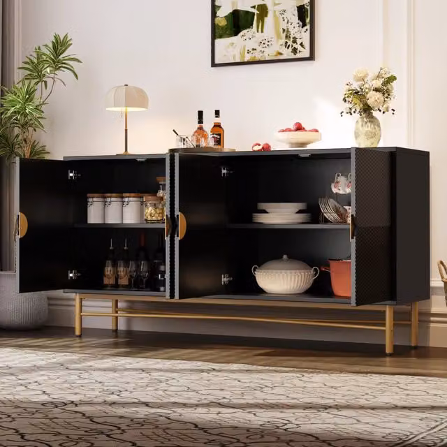 Sideboard nero 160x40x82 cm, texture in rilievo, 4 ante, maniglie dorate spazzolate, gambe high-gloss