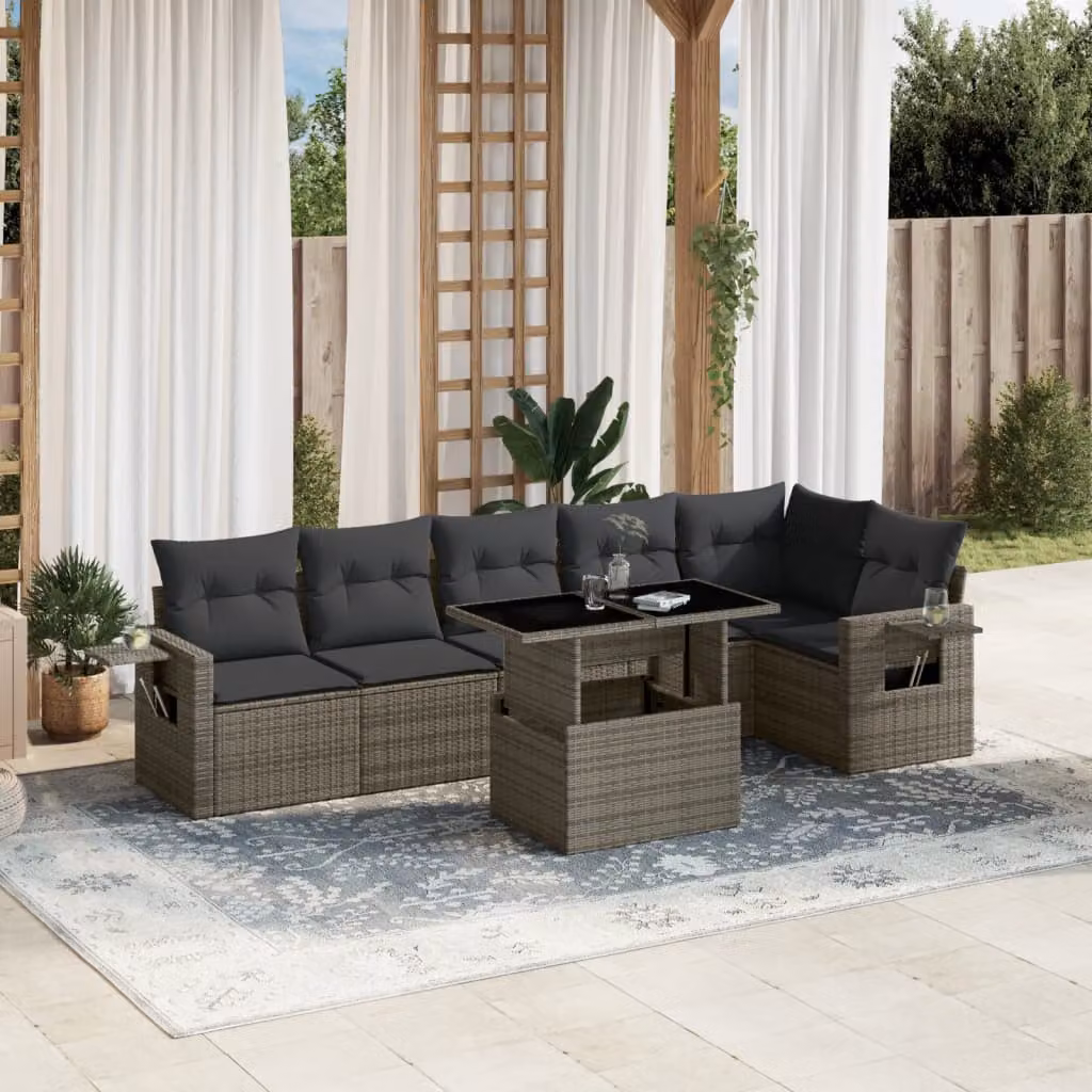 Set di divani da giardino vidaXL in polyrattan grigio con cuscini, tavolo e sedute a L per esterno – 1