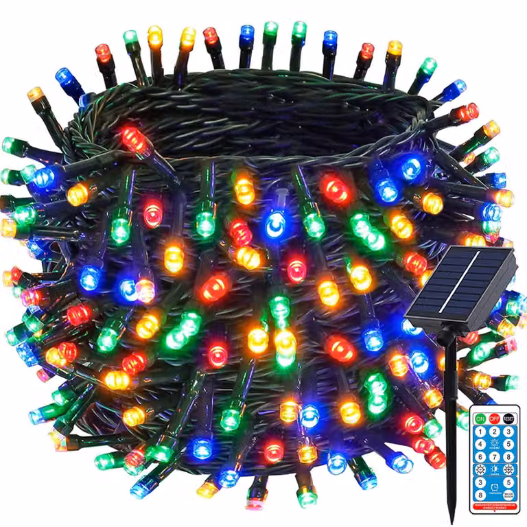 Catena luminosa solare, 30 metri, 300 LED, multicolore, 8 modalità, timer, resistente alle intemperie