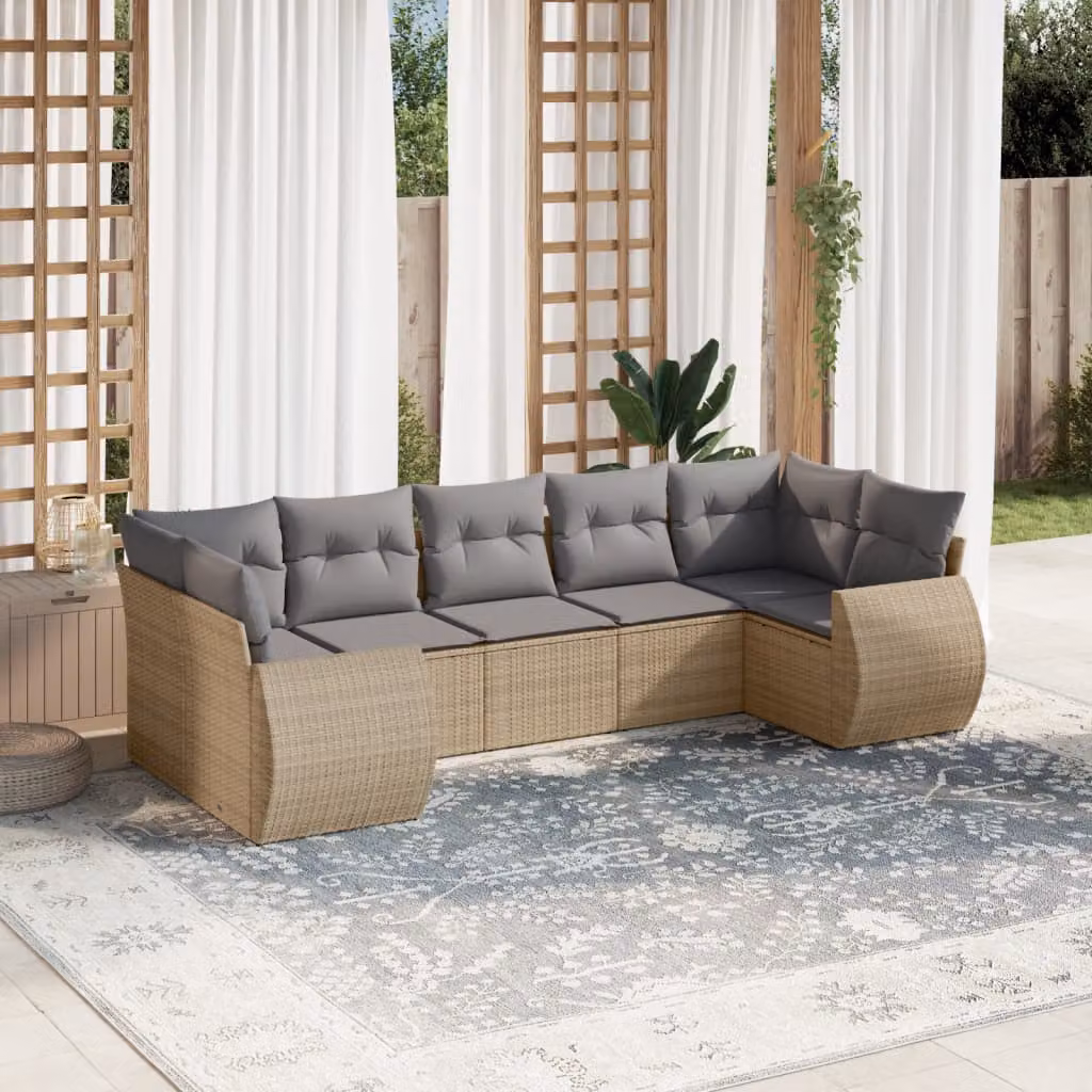 Set Divani da Giardino vidaXL 7 pz in Polyrattan con Cuscini Beige e Grigio – 1
