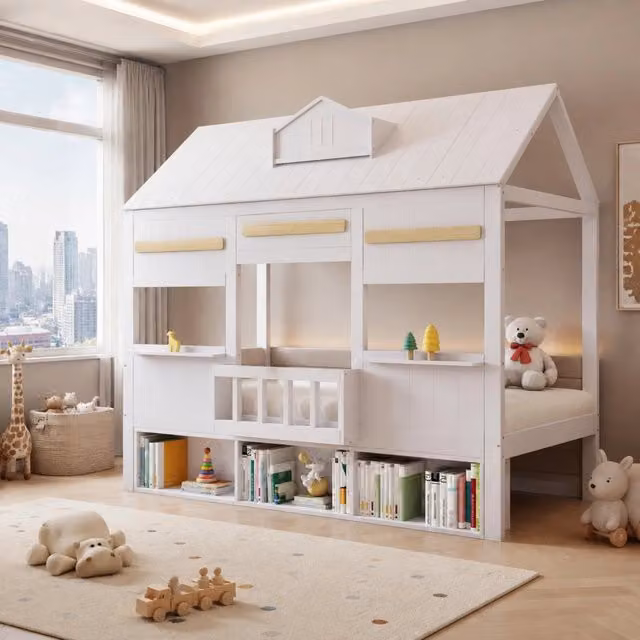 Letto a soppalco ULEVR 90x200 cm a forma di casa con libreria integrata, bianco, struttura in pino e MDF