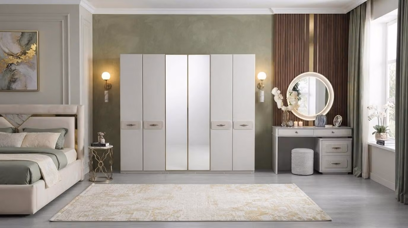 Armadio, tavolino da trucco, specchio, sgabello, beige, moderno, lusso