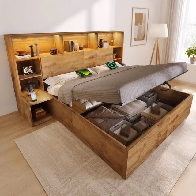 Letto matrimoniale 160 × 200 cm con contenitore idraulico in legno color rovere LED USB e comodini integrati