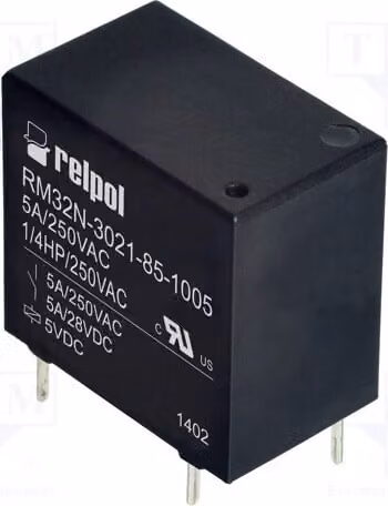 1 relè: bobina elettromagnetica, tensione: 5 VDC, corrente: 5 A / 250 VAC, modello: RM32N-3021-85-1005