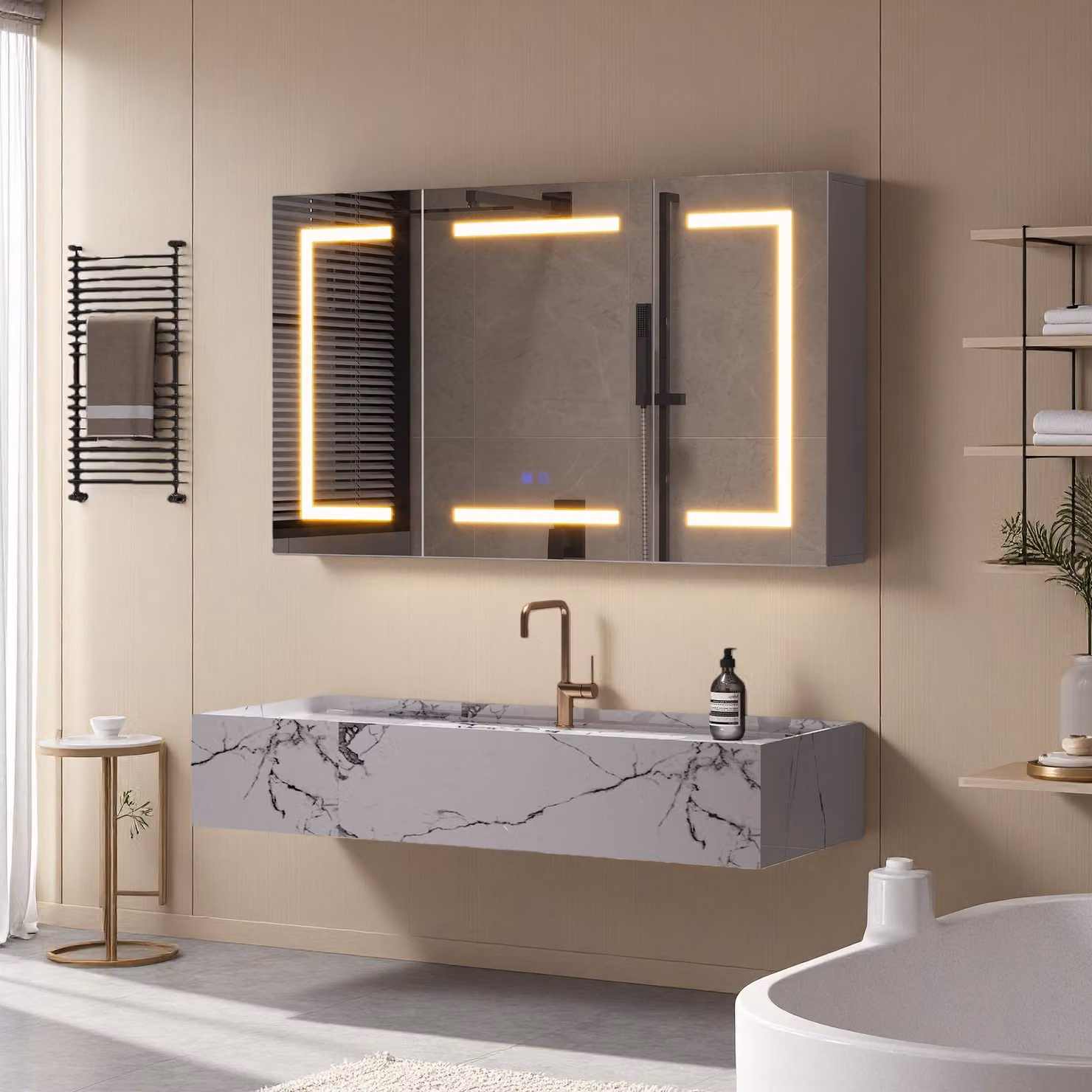 INONEFT, mobiletti specchio per il bagno con illuminazione, 100x60 cm, mobiletto per il bagno con 3 ante, antiappannamento, presa di corrente, 3 temperature di colore, sensore touch, modello A