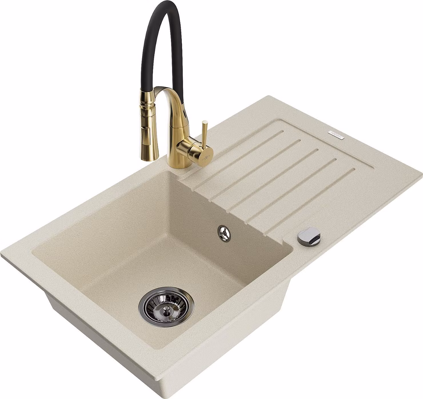 Mexen Pablo lavello in granito a 1 vasca con sgocciolatoio e rubinetto da cucina Aster, beige - 6510-69-73450-57-B
