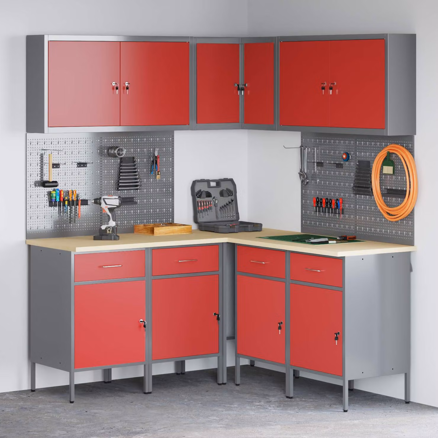 vidaXL Set di mobili da lavoro con cassetto 12 pz Rosso e Grigio