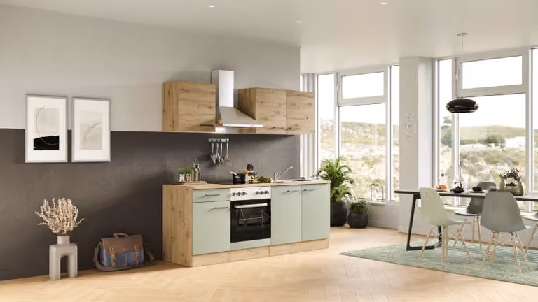 Mobile cucina con elettrodomestici Flex Well Cara 210 cm colore frontale rovere verde opaco colore mobile rovere