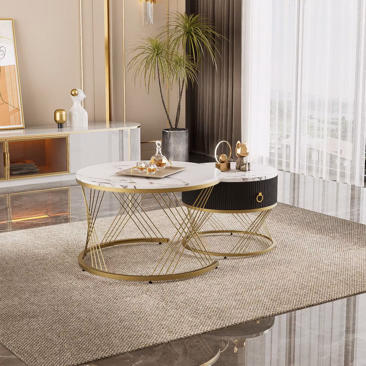 Sweiko Elegante tavolino da caffè componibile: look marmo, decoro oro, tavolino con cassetti - set di 2