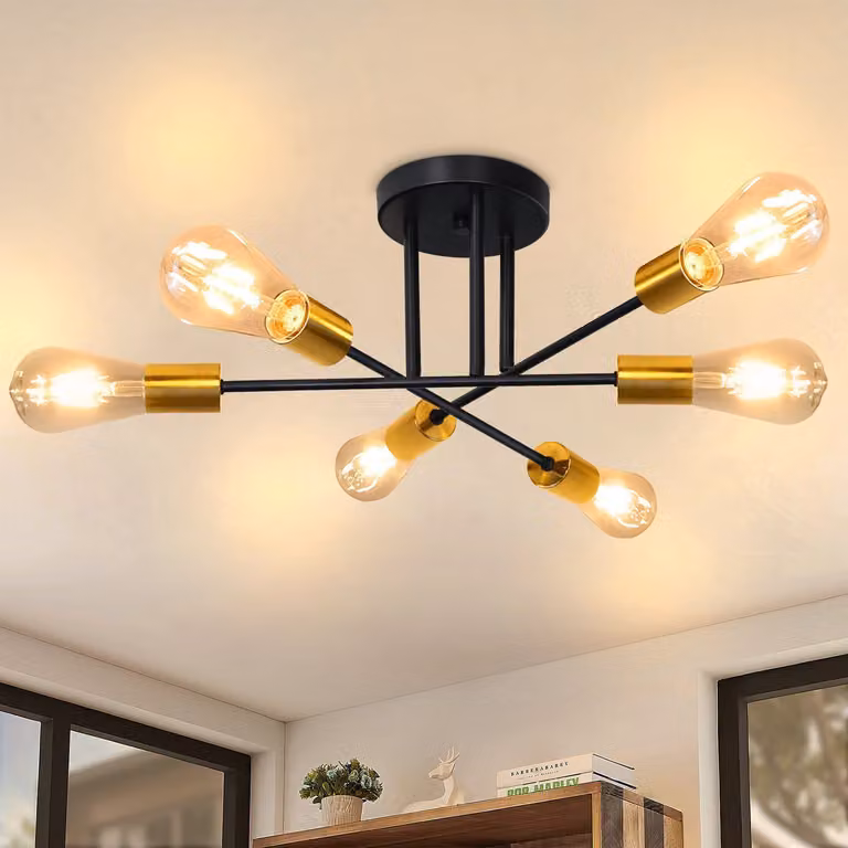 ZMH plafoniera vintage 6 fiamme oro nero lampada da soffitto industriale retrò E27 per soggiorno camera da letto metallo (senza lampadina)