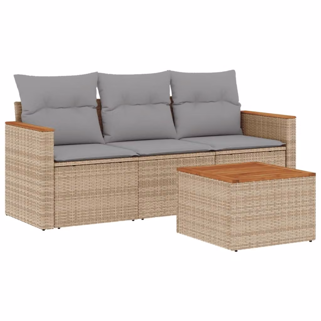 Set Divano da Giardino 4 pz con Cuscini Beige in Polyrattan