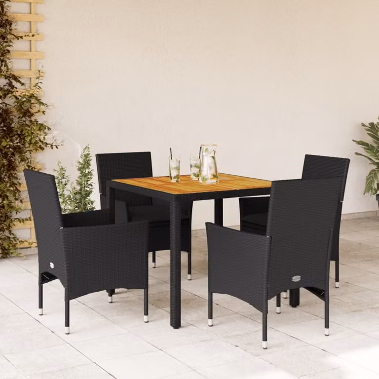 Set da pranzo da giardino vidaXL in polyrattan e legno di acacia nero con 5 pezzi e cuscini