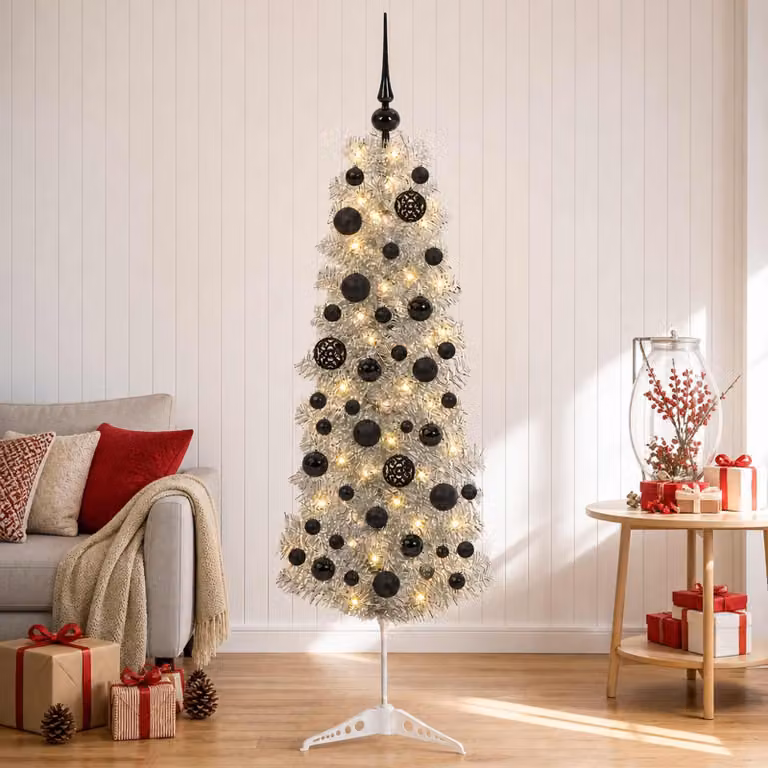 Albero di Natale artificiale, sottile, con decorazioni a forma di pallina, altezza 150 cm