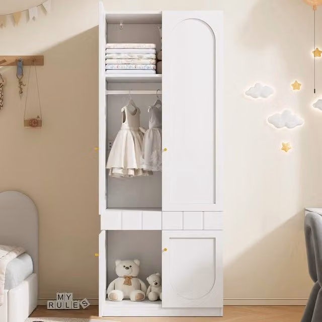 Armadio per bambini, 2 cassetti, ripiani, maniglie in metallo, 80 x 50 x 200 cm, bianco