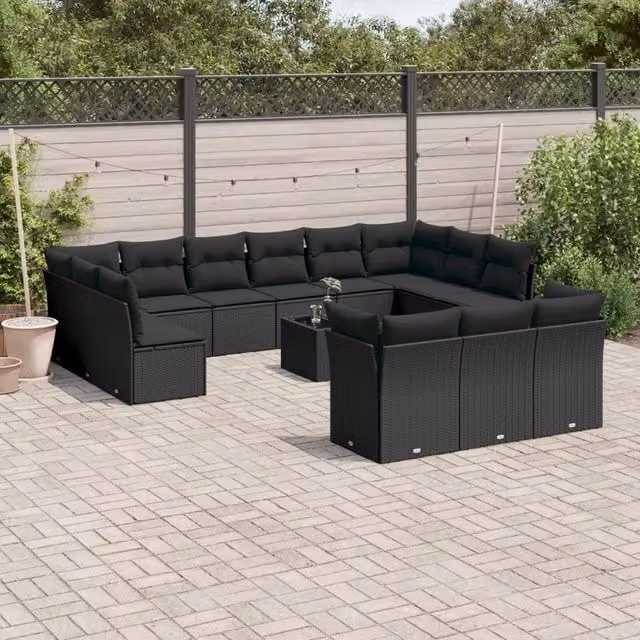 Set di Divani da Giardino VIDAXL a Forma di U in Polyrattan Nero con 14 Pezzi e Cuscini Inclusi
