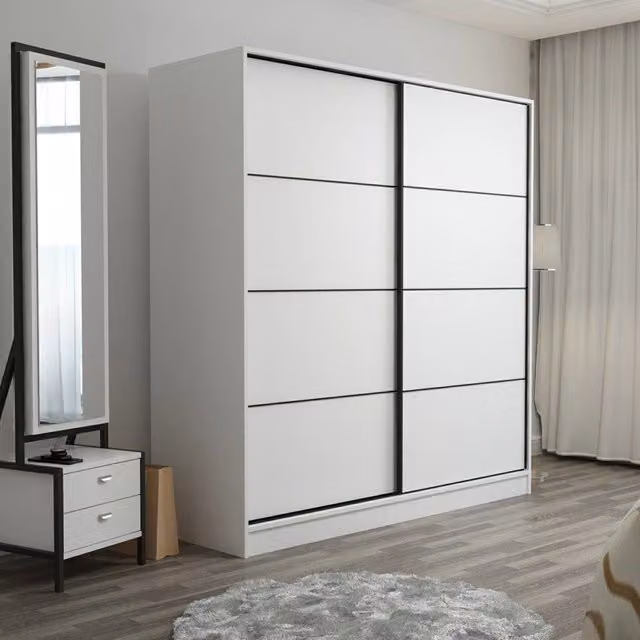 Armadio Cuvio DMORA per camera da letto con ante scorrevoli, interno con appendiabiti e ripiani, Bianco opaco, L: 180 cm, H: 190 cm – 1