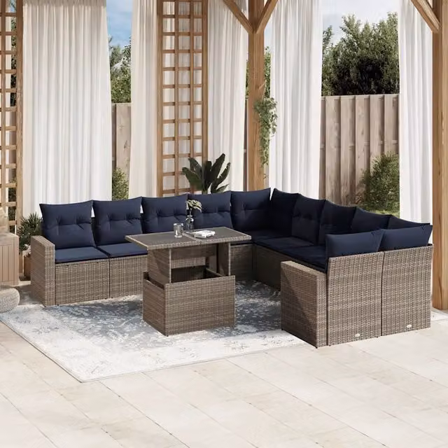 Set Divani da Giardino 11 pz con Cuscini Grigio in Polyrattan 3267541