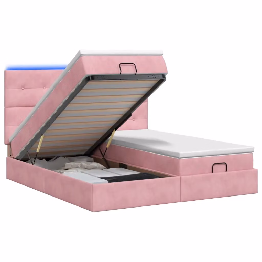 Letto Ottomano vidaXL in Velluto Rosa con Materasso Ibrido, Illuminazione LED Sottostante e Porte USB, L/P/H: 203 x 160 x 88 cm – 2