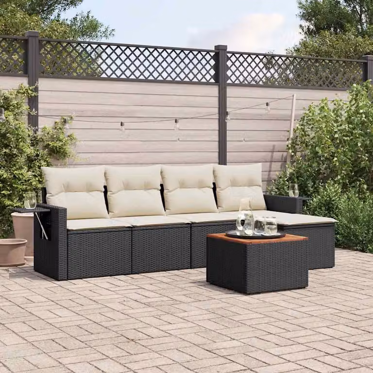 vidaXL Set Divano da Giardino 6 pz a L in Polyrattan Nero con Cuscini e Tavolino