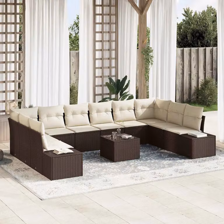 vidaXL Set Divano da Giardino a L con 10 Pezzi, Marrone e Beige, Design Moderno con Cuscini Inclusi