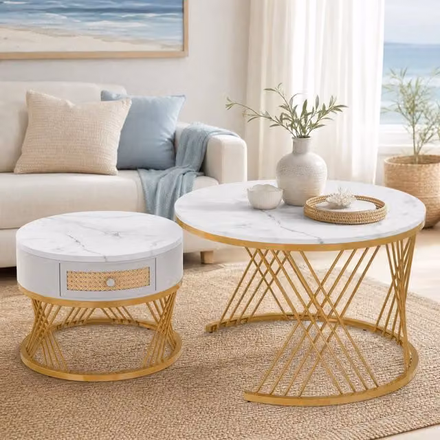 Set 2 tavolini rotondi 70 cm bianco in MDF con cassetto e struttura metallica